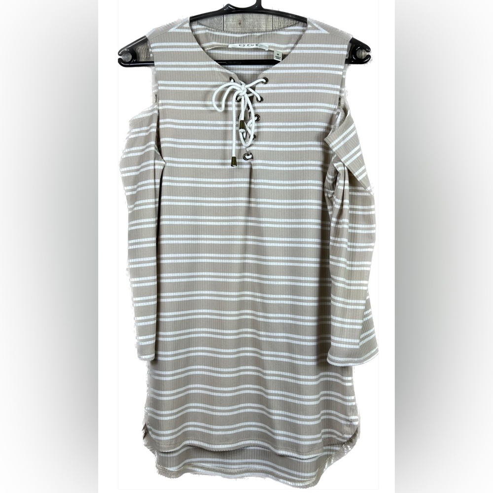 Cyrus Medium Tan & Cream Striped Ribbed Cold Shoulder Top w/Lace Up Front